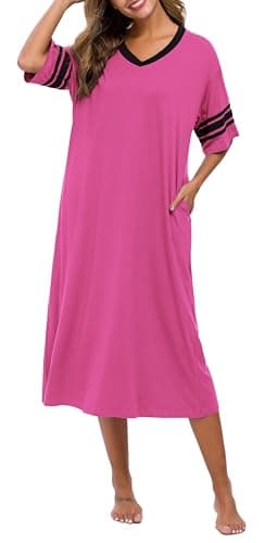 Vslarh Women's Soft V-Neck Knit Nightgown with Pockets S-XXL