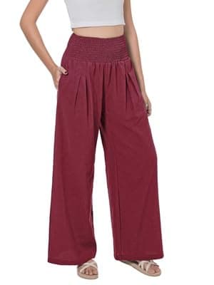 LOFBAZ Women's Summer High Waisted Boho Flowy Cotton Linen Palazzo Pants with Pockets