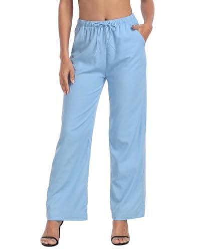 HDE Women's Linen Drawstring Wide Leg Palazzo Trouser with Pockets