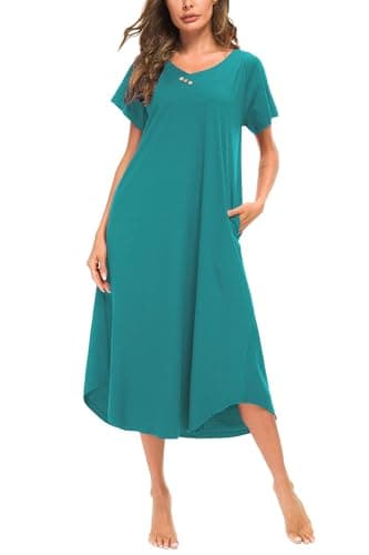 YOZLY Soft V-Neck Short Sleeve Nightgowns for Women with Pockets