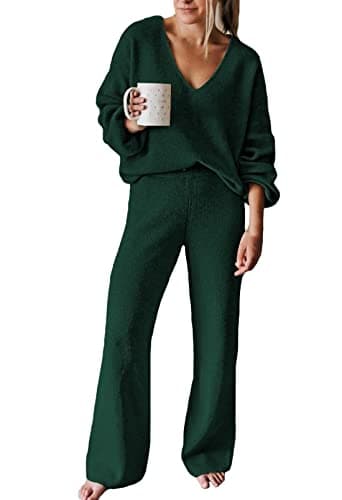 AOHITE Women's Casual V-Neck Knit Sweater Set with Wide Leg Pants