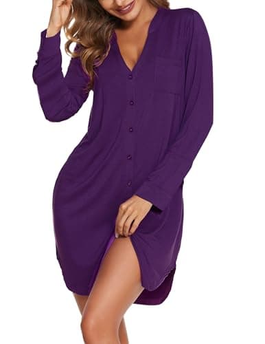 Ekouaer Women's Long Sleeve V-Neck Nightgown