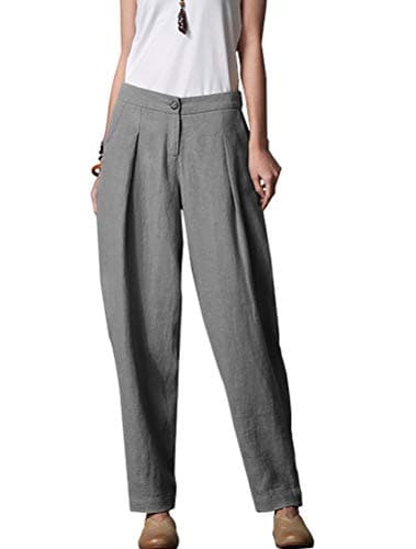 Minibee Women's Casual Linen Tapered Pants with Pockets Elastic Waist