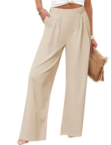 SEMARO Womens High Waisted Linen Feel Wide Leg Pants with Pockets