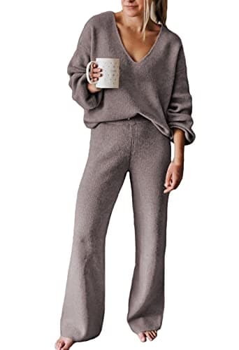 AOHITE Women's Casual V-Neck Knit Sweater Set with Wide Leg Pants