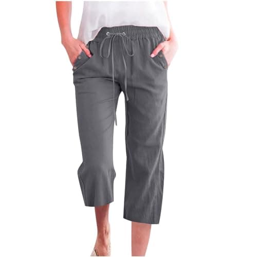 Nantdog Women's High-Waisted Drawstring Linen Capri Trousers