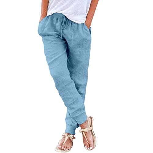Puimentiua Women's Tapered Cotton Linen Drawstring Pants with Pockets