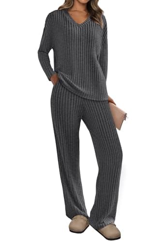 PRETTYGARDEN Women's Long Sleeve V Neck Top & Wide Leg Pants Spring Fall Outfits