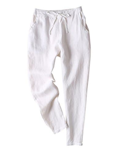 IXIMO Women's 100% Linen Tapered Pants with Drawstring Back Elastic Waist
