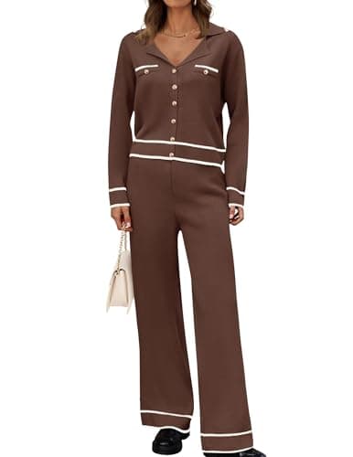 ZESICA Women's Fall Long Sleeve Knit Set V-Neck Sweater & Wide Leg Pants