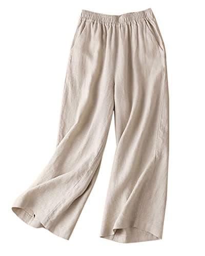 Aeneontrue Women's 100% Linen Wide Leg Flowy Palazzo Trousers with Pockets