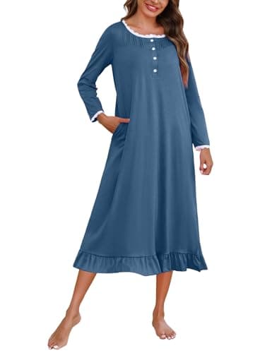 Marvmys Womens Long Sleeve Cotton Nightgown with Lace Trim and Pockets