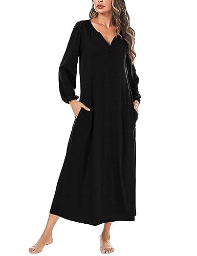 Marvmys Women's Cotton Long Sleeve Nightgown with Pockets