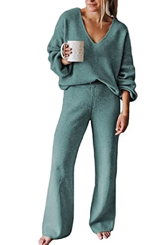 AOHITE Women's Casual V-Neck Knit Sweater Set with Wide Leg Pants