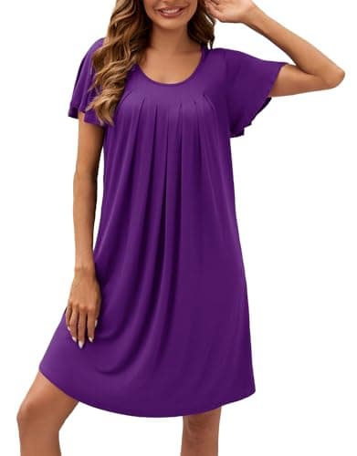WEACZZY Women's Pleated Loose Fit Ruffle Short Sleeve Nightgown Sleepwear