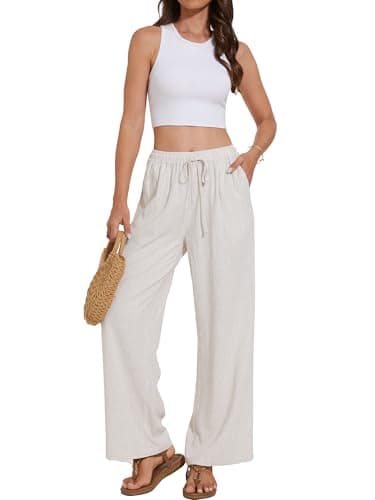 Cizayoi High-Waisted Wide Leg Drawstring Linen Pants for Summer Beach Casual Wear