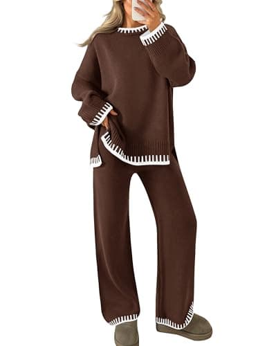 ZESICA Women's Casual Long Sleeve Sweater and Wide Leg Pants Set