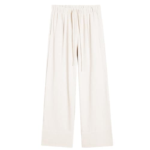Ainangua Women's Linen Palazzo Pants with Elastic Drawstring Waist