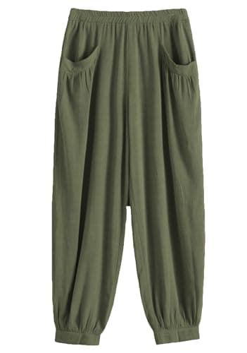Minibee Women's Cotton Linen Tapered Crop Pants Elastic Waist