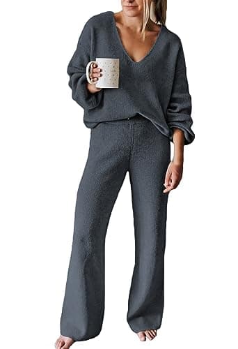 AOHITE Women's Casual V-Neck Knit Sweater Set with Wide Leg Pants