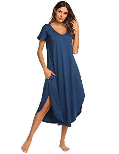 Soft Ekouaer V-Neck Women's Sleepwear Nightgown with Side Pockets