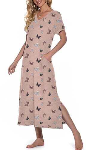 PrinStory Women's Soft V-Neck Long Nightgown with Pockets