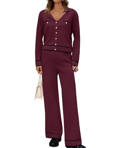 ZESICA Women's Fall Long Sleeve Knit Set V-Neck Sweater & Wide Leg Pants