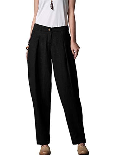 Minibee Women's Casual Linen Tapered Pants with Pockets Elastic Waist