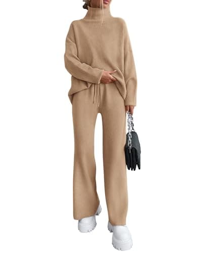 Dowerme Women's High Neck Chunky Knit SetWide Leg Pant Loungeewear Set