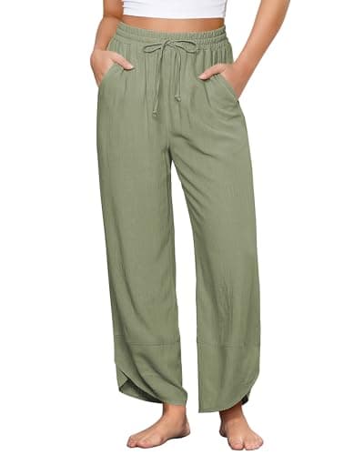 GRAPENT High-Waisted Wide Leg Linen Pants for Women Summer Crop Pants with Pockets