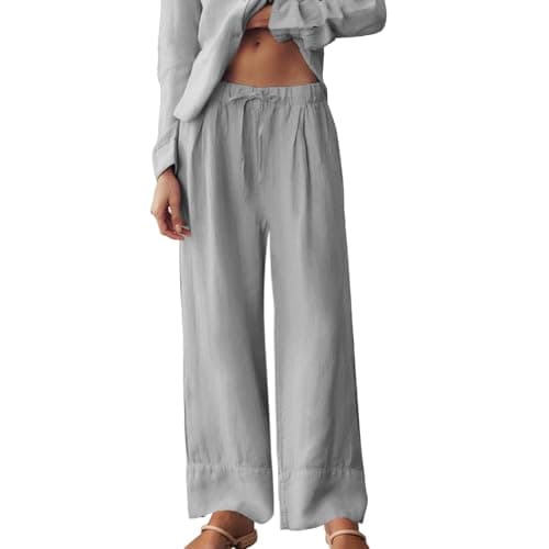 Ainangua Women's Linen Palazzo Pants with Elastic Drawstring Waist