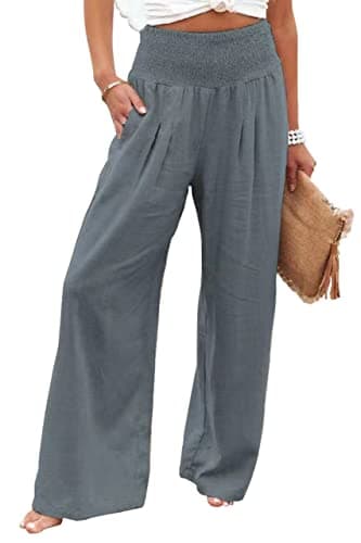 Chouuya Women's Smocked High-Waisted Cotton Linen Palazzo Pants Wide Leg with Pockets