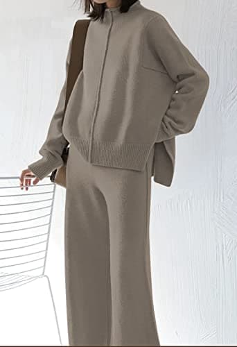 Meenew Women's High Neck Long Sleeve Knit Sweater & Wide Leg Pants Set