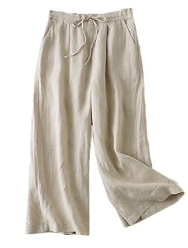 FTCayanz Women's Linen Cropped Wide Leg Pocket Pants Elastic Waist CasualPalazzo