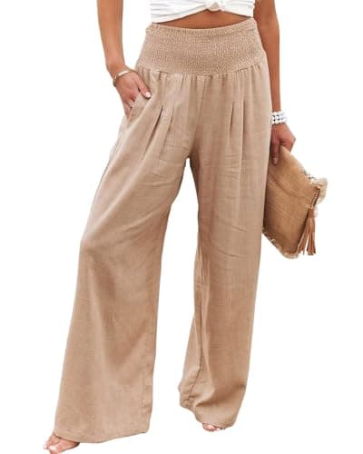 GLIENST Women's High-Waisted Smocked Linen Palazzo Pants S-2XL