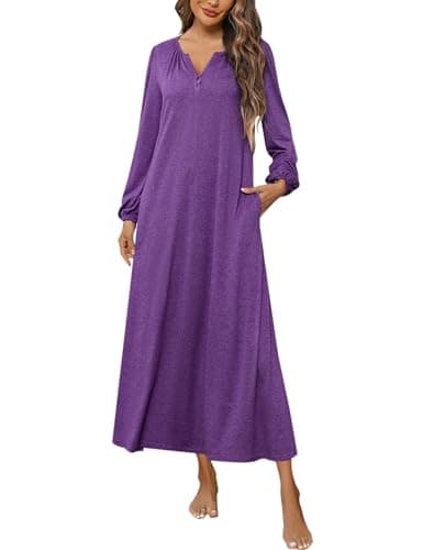 Marvmys Women's Cotton Long Sleeve Nightgown with Pockets