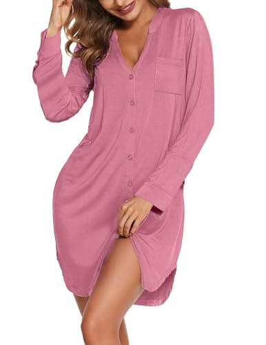 Ekouaer Women's Long Sleeve V-Neck Nightgown