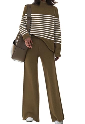 AOHITE Women's Long Sleeve Knit Top & Wide Leg Sweatpants Outfit Set