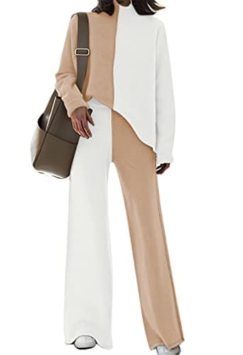 Fixmatti Women's Knit Sweatsuit with Turtleneck Top and Wide Leg Pants