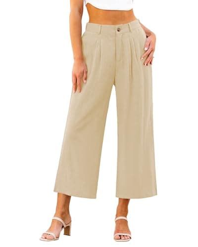 GRAPENT High-Waisted Linen Flowy Pleated Wide Leg Capri Pants