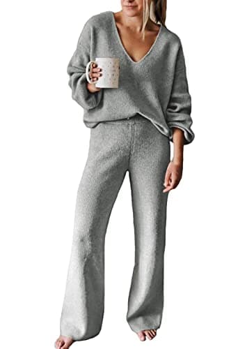 AOHITE Women's Casual V-Neck Knit Sweater Set with Wide Leg Pants