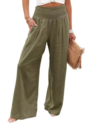 GLIENST Women's High-Waisted Smocked Linen Palazzo Pants S-2XL