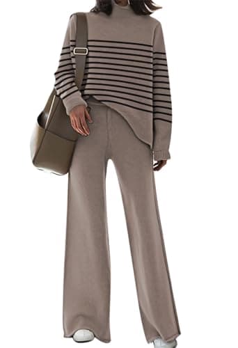 AOHITE Women's Long Sleeve Knit Top & Wide Leg Sweatpants Outfit Set