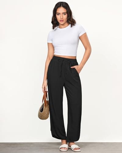 GRAPENT High-Waisted Wide Leg Linen Pants for Women Summer Crop Pants with Pockets
