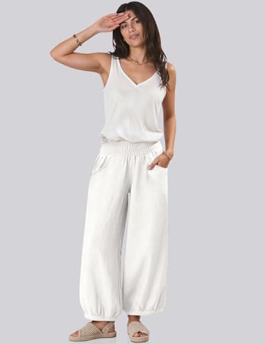 TARSE Womens Linen Wide Leg Beach Pants with Pockets