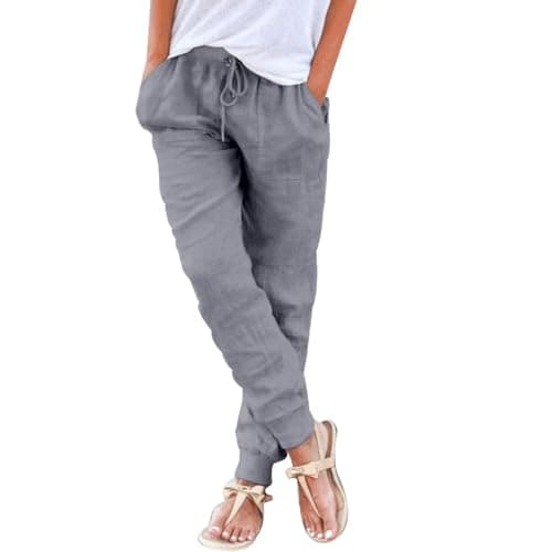 Puimentiua Women's Tapered Cotton Linen Drawstring Pants with Pockets