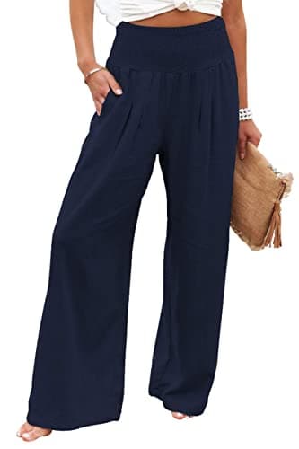 Chouuya Women's Smocked High-Waisted Cotton Linen Palazzo Pants Wide Leg with Pockets