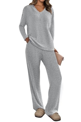 PRETTYGARDEN Women's Long Sleeve V Neck Top & Wide Leg Pants Spring Fall Outfits