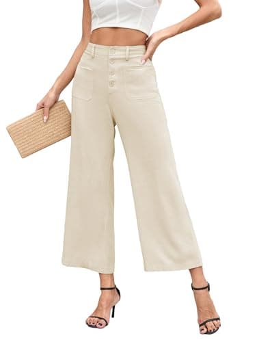 Famulily Women's Linen Button Down Wide Leg Cropped Pants with Pockets