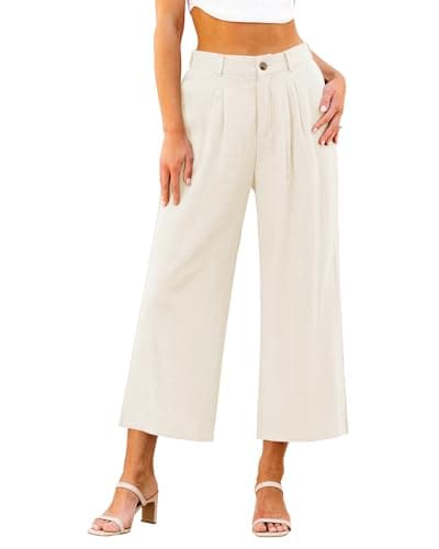GRAPENT High-Waisted Linen Flowy Pleated Wide Leg Capri Pants